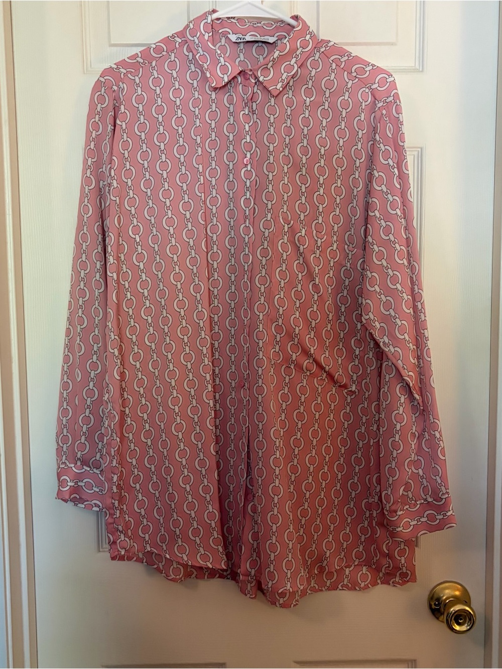 Zara Women’s Pink Chain-Print Button-Down Flowy Blouse - SZ XL